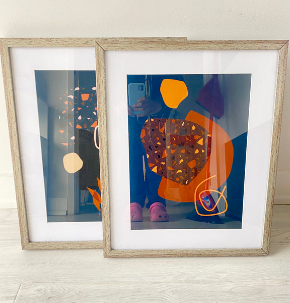 Wooden Framed Navy Blue & Orange Geometric Abstract Set