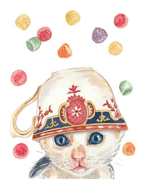 Deidre Wicks Cat in Teacup Watercolour Canvas